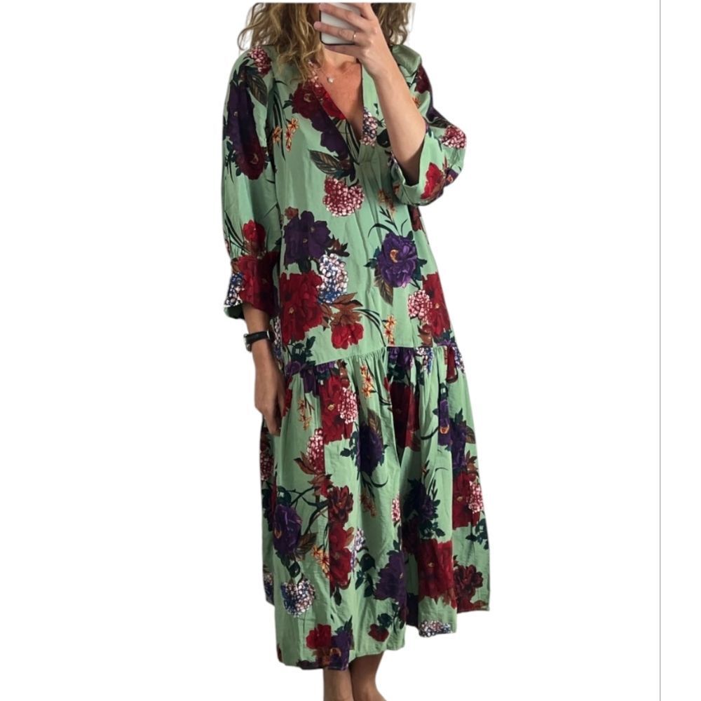 H&M Maxi Kaftan Dress Balloon Sleeve Green Red Purple Floral Size XS